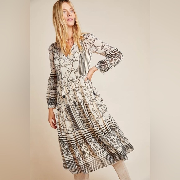 NWT Anthropologie Size Small Cadence Tiered Midi Dress Boho Long Puff Sleeve - Picture 6 of 6